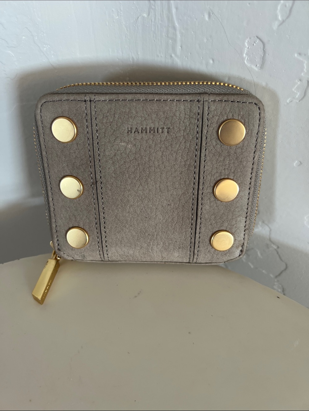 Hammitt 5 North Suede Pebbled Taupe Zip Wallet with Gold Studs